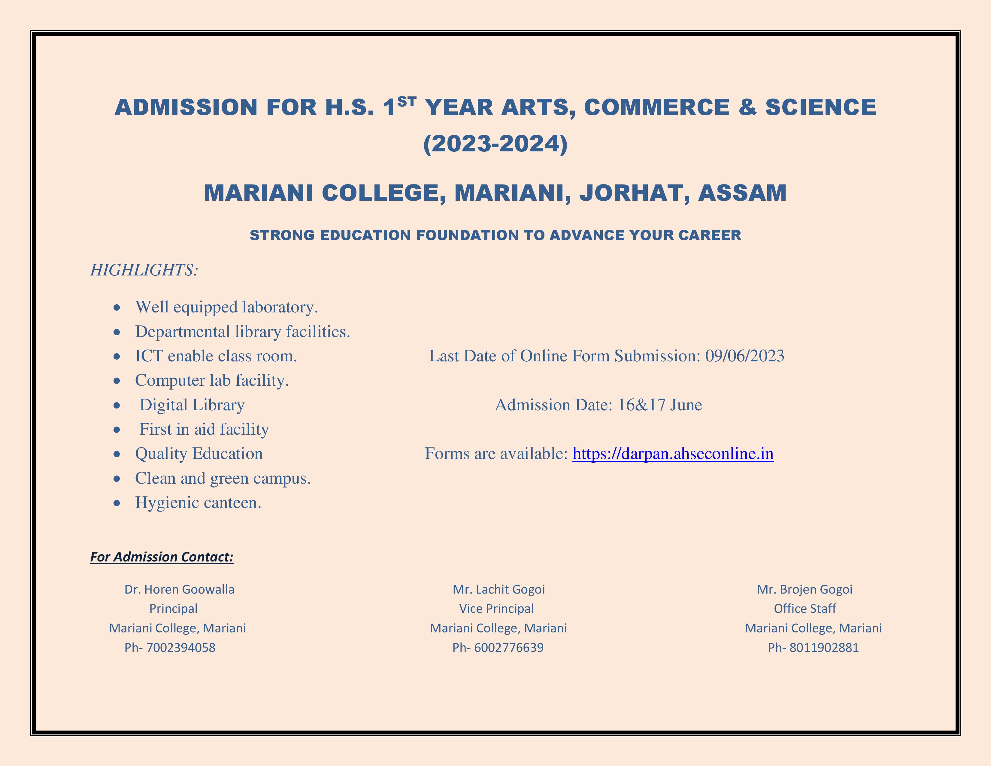 ADMISSION FOR H.S. 1ST YEAR ARTS, COMMERCE & SCIENCE (2023-2024)