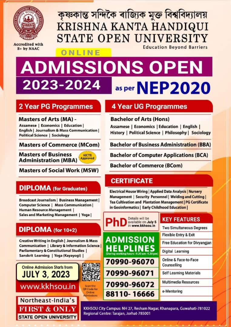 KKHSOU: Admission Open 2023-2024 as per NEP 2020