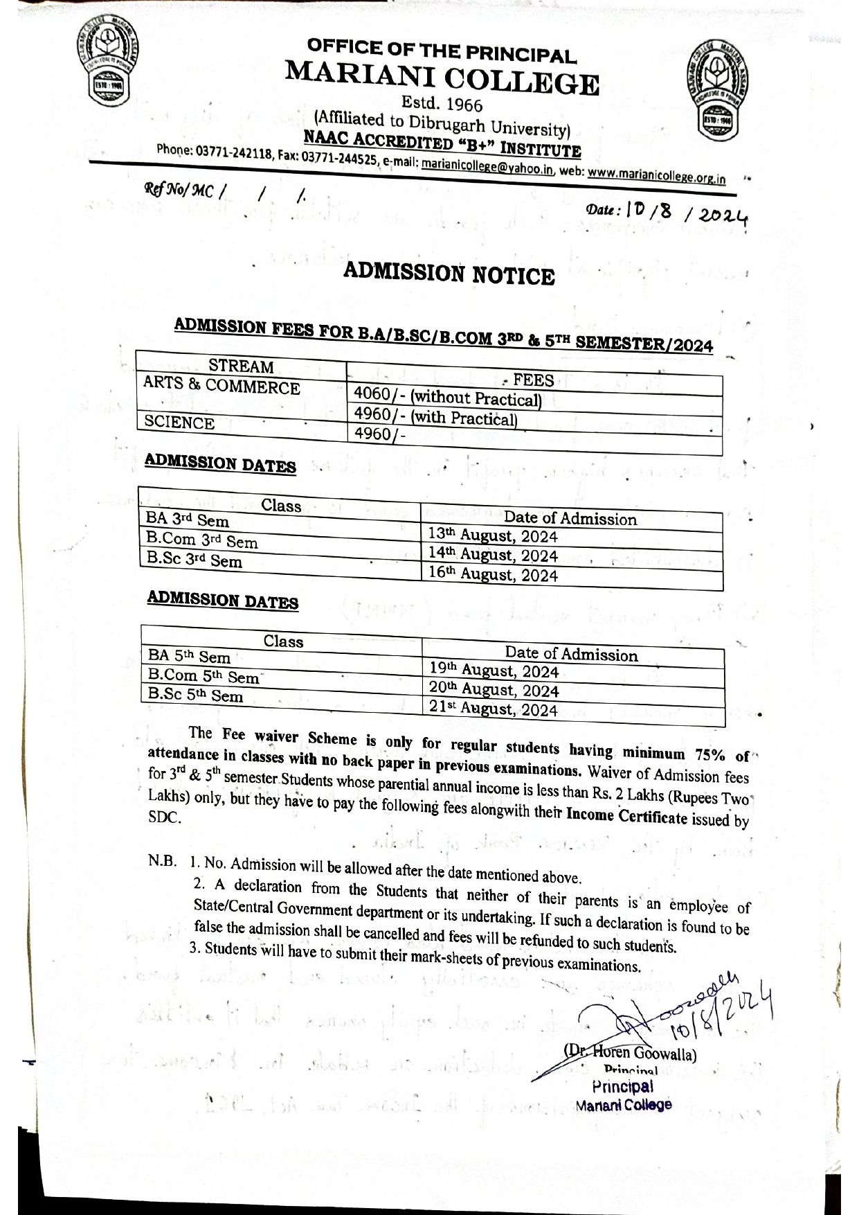 Admission notice 3rd 5th Sem