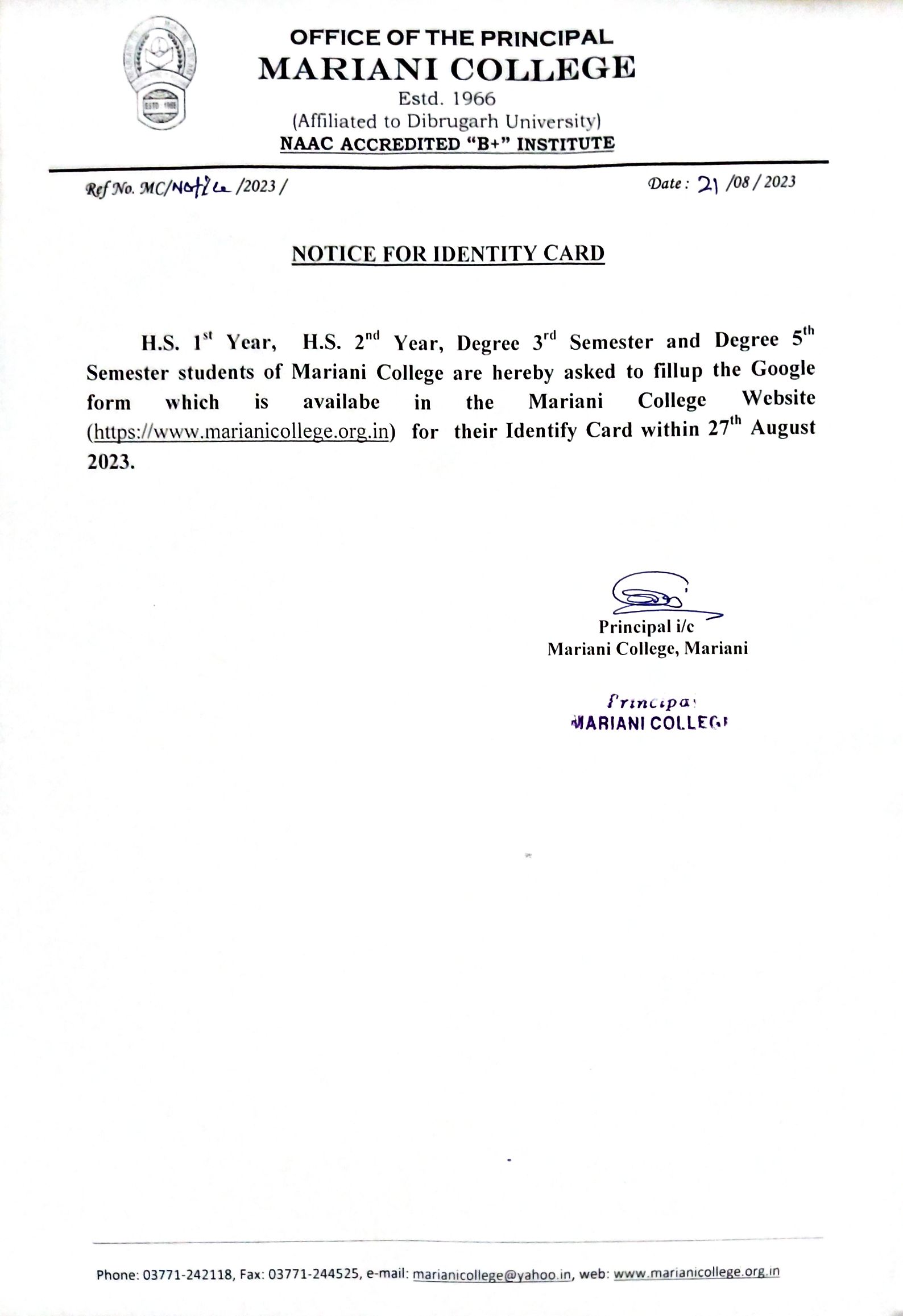 Notice for Identity Card