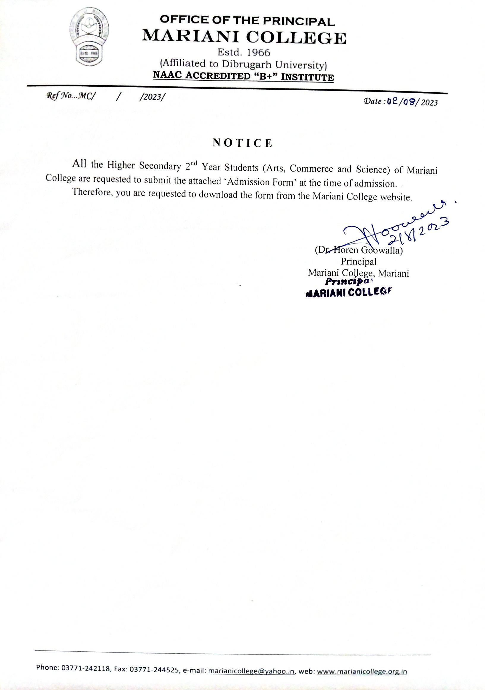 admission form notice