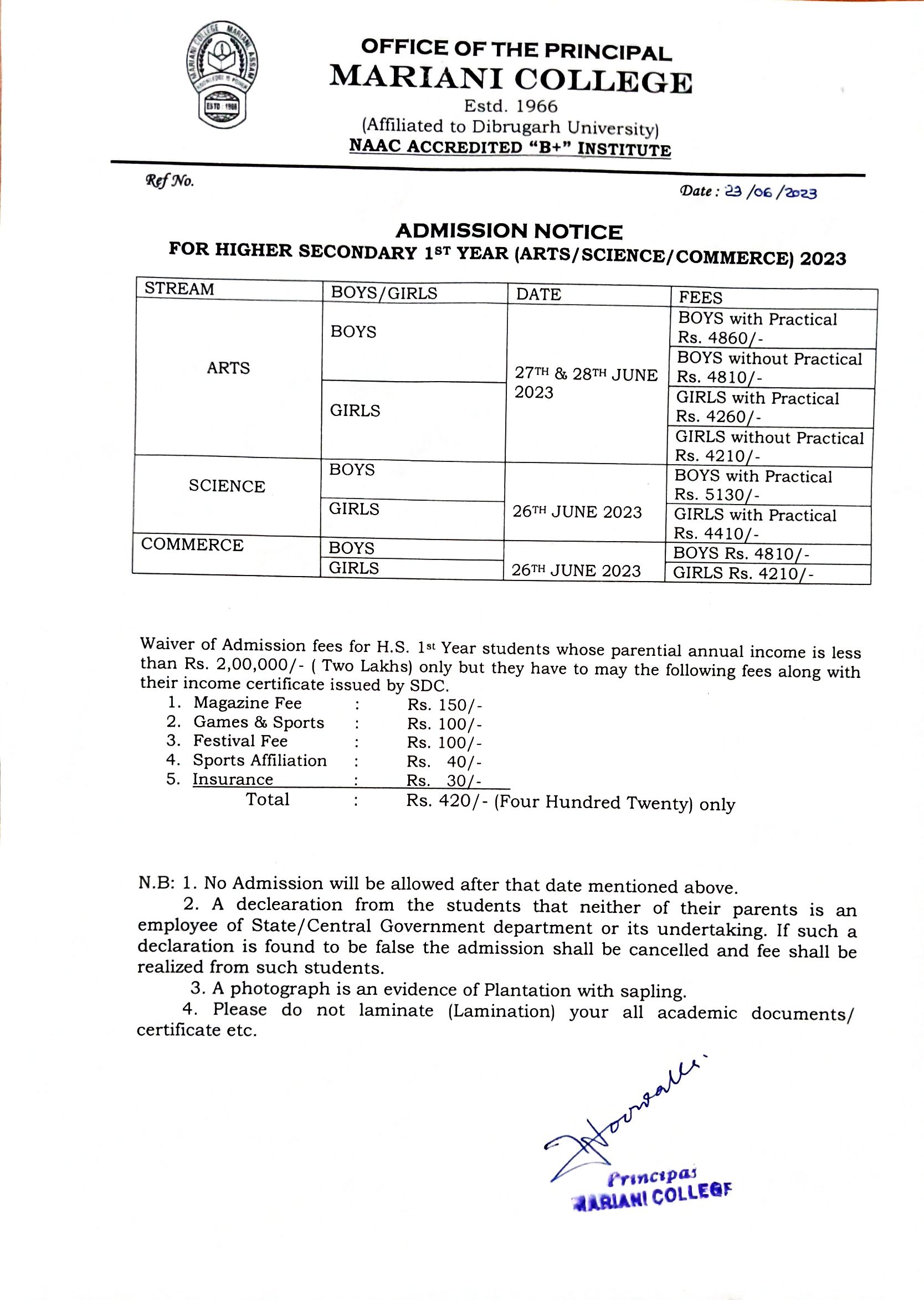 admission notice