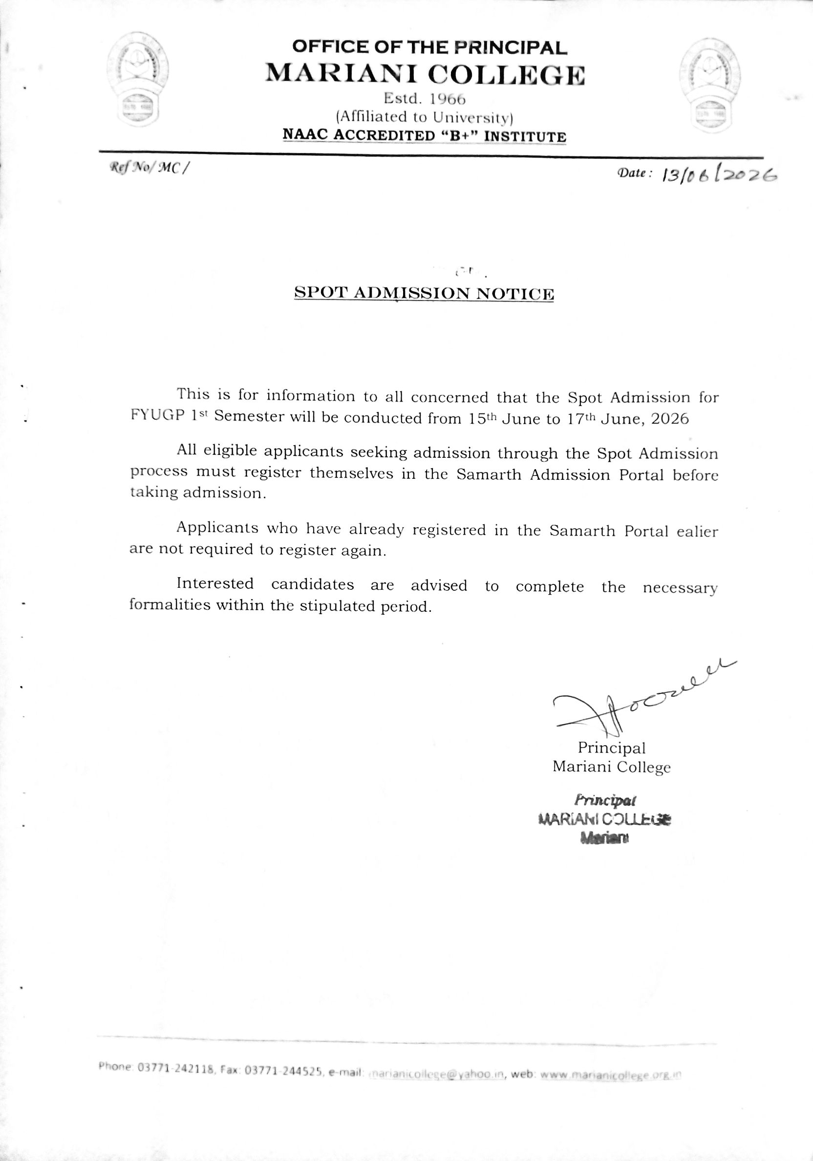 mariani spot admission notice